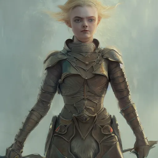 Prompt: front centered symmetrical portrait, Elle Fanning as a D&D paladin, dramatic lighting, cinematic, establishing shot, high detail, photo realistic, cinematic lighting, post processed, 8k, concept art, artstation, matte painting, in the style of eddie mendoza, raphael lacoste, alex ross