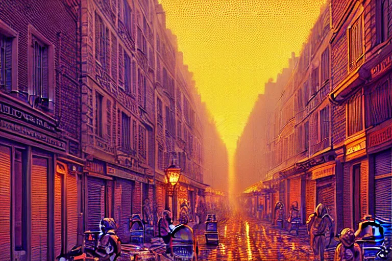 Image similar to a city street in paris under the dark sun, beautiful detailed pixelart by albertov, intricate details, beautiful, dithered gradients, volumetric lighting, cgsociety, artstation, smooth, sharp focus, 2 d illustration, amazing art by dan mumford