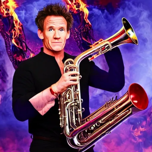 Prompt: gordan ramsay playing the saxaphone in hell surrounded by fire