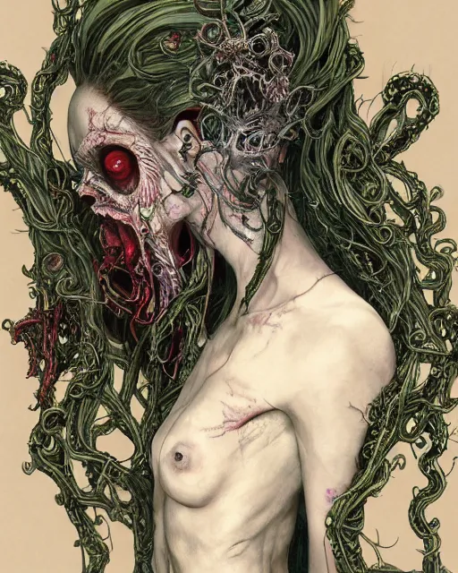 Prompt: centered horrific detailed side view profile portrait of a insane, crazed, mad zombie woman, ornate tentacles growing around, vines and thorns ornamentation, thorns, vines, tentacles, elegant, beautifully soft lit, full frame, by wayne barlowe, peter mohrbacher, kelly mckernan, h r giger