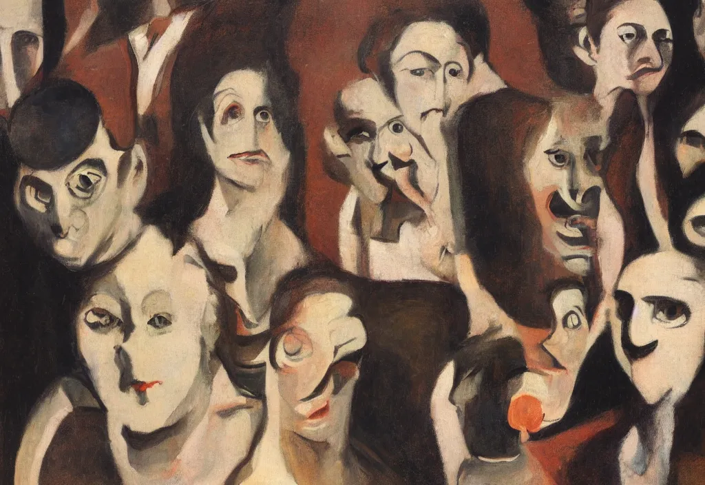 Prompt: group of people pictured in afternoon light, close - up of the faces, surrealist oil painting by francis bacon, dora maar and malcolm liepke, detailed