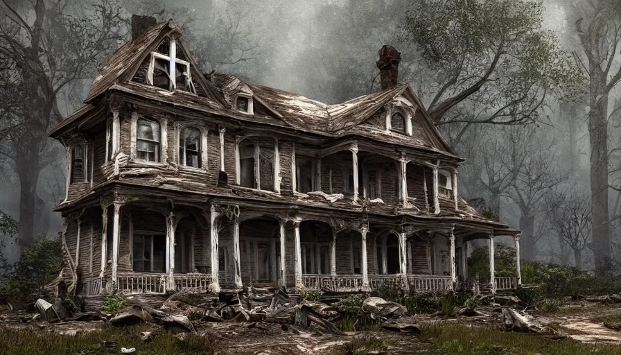 Image similar to old cracked damaged victorian house in the mud, dark forest, hyperdetailed, artstation, cgsociety, 8 k