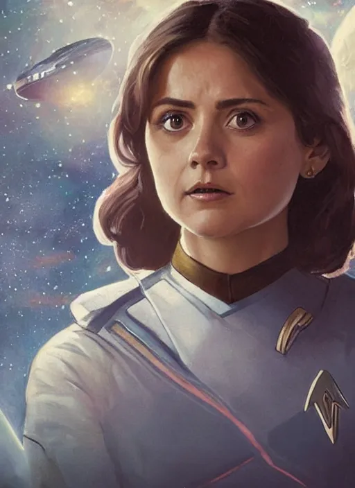 Image similar to jenna coleman as a star trek captain, a still from star trek painted by artgerm and greg rutkowski and alphonse mucha. clear highly detailed face, beautiful sci fi art