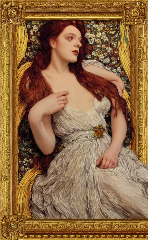 Image similar to preraphaelite full body reclining portrait photography masterpiece hybrid of judy garland and florence welch, brown hair fringe, yellow ochre ornate medieval dress, kilian eng and william holman hunt, frederic leighton, ford madox brown, william morris, framed, 4 k