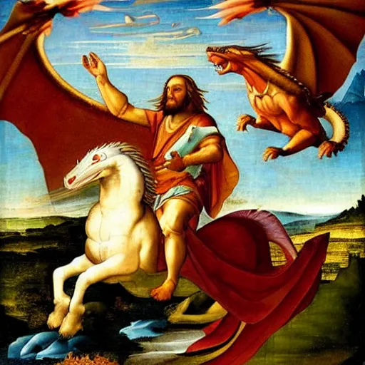 Prompt: jesus riding a dragon near a castle, renaissance painting, mystical