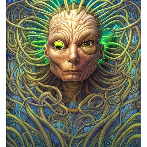 Image similar to fungus labyrinth mohawk projector portrait by gaston bussierre and charles vess and james jean and erik jones and rhads, inspired by rick and morty, epic, funny, huge scale, beautiful fine face features, intricate high details, sharp, ultradetailed