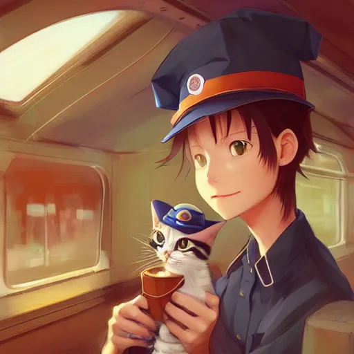 Image similar to a train conductor tabby cat, wearing a train conductor hat. By Makoto Shinkai, Stanley Artgerm Lau, WLOP, Rossdraws, James Jean, Andrei Riabovitchev, Marc Simonetti, krenz cushart, Sakimichan, trending on ArtStation, digital art.