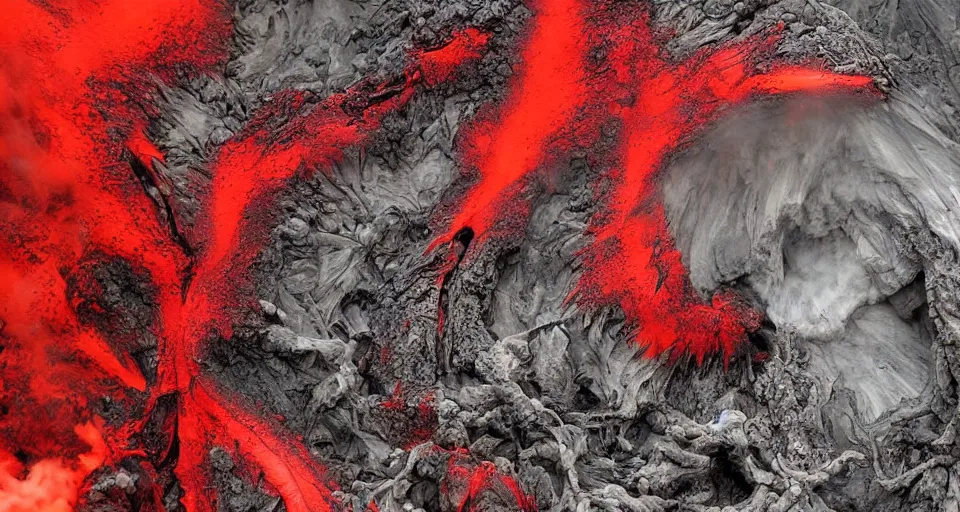 Image similar to a volcano made of ivory vines and crimson rocks enters in eruption, it spits a smoke in the shape of demonic eye, by Steve Argyle