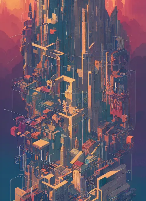 Prompt: chris ware graphic layout design maze poster of cyberpunk city, peter mohrbacher, jane newland, peter gric, chris ware, aaron horkey, illustration, artstation, full of color, highly detailed, maximalist