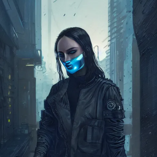 Image similar to sophie turner, streetwear techwear cyberpunk style outfit, partial mask, detailed portrait, intricate complexity, by greg rutkowski, cushart krentz, artgerm, ross tran, conrad roset, takato yomamoto, ilya kuvshinov. 4 k, beautiful, cinematic dramatic atmosphere, portrait lighting