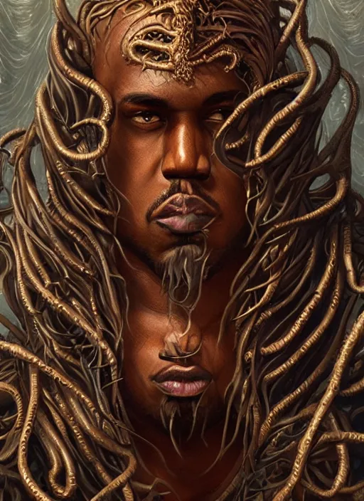 Image similar to portrait of Kanye as a large Lovecraftian monster, fantasy, intricate, elegant, highly detailed, digital painting, artstation, concept art, smooth, sharp focus, illustration, art by artgerm and greg rutkowski