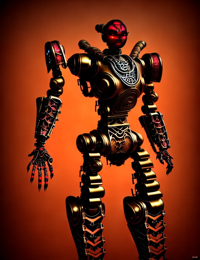 Prompt: complex 3 d render of a beautiful porcelain robot - witcher warrior steampunk. red gold and black, fractal veins. dragon cyborg, 1 5 0 mm, beautiful natural soft light, rim light, gold fractal details, fine lace, mandelbot fractal, anatomical, glass, facial muscles, elegant, ultra detailed, metallic armor, octane render, depth of field