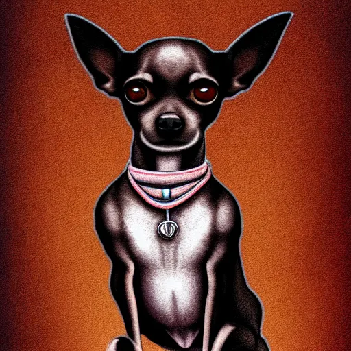 Prompt: a dark brown chihuahua, hyper detailed, in the style of junji ito, full body