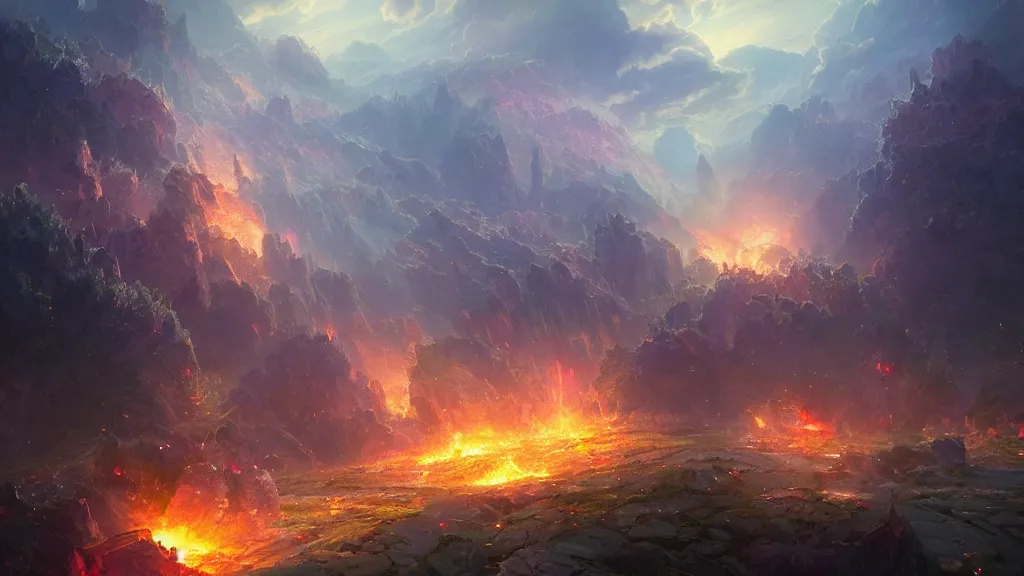 Prompt: realm of shattered rainbow crystals being destroyed by explosions, firey light reflecting off the crystal shards, by greg rutkowski and thomas kinkade, ambient light, anime, ultra detailed, fantasy artwork, 8k, very very very very very very very beautiful, trending on artstation, award winning, beautiful scenery.