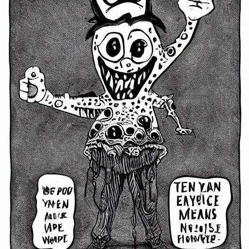 Prompt: a Pop Wonder scary horror themed goofy-hilarious-character-ice-cream-spirit-demon, dime-store-comic drawn with charcoal and pen and ink, half-tone-line-stacking