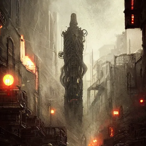 Prompt: cthulhu in a dystopian city, by greg rutkowski, horror, cgsociety, trending on artstation