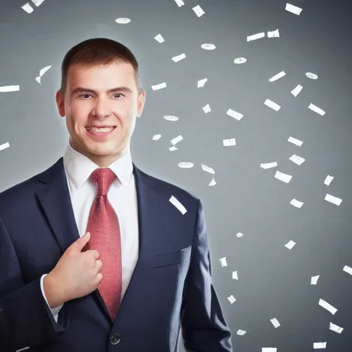 Prompt: corporate portrait, junior sales executive eager to crush targets and make it rain, professional studio lighting