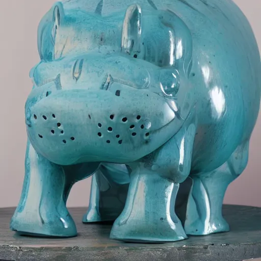 Prompt: a clear blue hippo statue with carved wooden legs