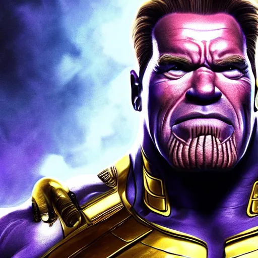 Image similar to arnold schwarzenegger as thanos, highly detailed, amazing digital art, cinematic, trending on artstation, 4K HD