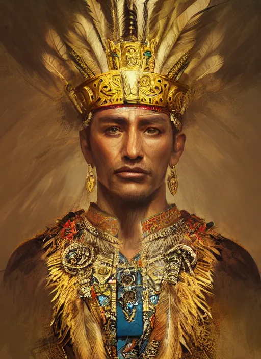 Image similar to Aztec king, handsome, portrait, intricate, elegant, feathers, volumetric lighting, scenery, digital painting, highly detailed, artstation, sharp focus, illustration, concept art, ruan jia, steve mccurry