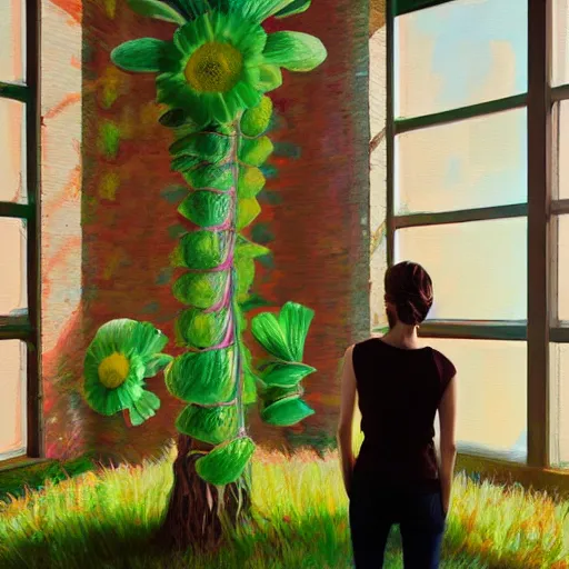 Image similar to giant daisy flower head, woman standing next to modern window in luxury loft, surreal photography, sunlight, impressionist painting, digital painting, artstation, simon stalenhag