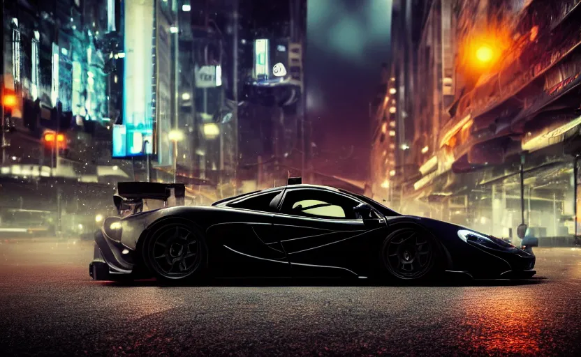 Prompt: a black Mclaren F1 in the streets at night whit cyan headlights on, by Khyzyl Saleem, night time, Cloudy weather, atmospheric, artstaion, concept art, illustration, sharp focus, high detail, octane render, cyberpunk, intimidating