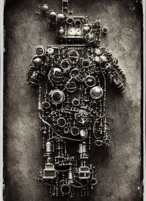 Prompt: old wetplate daguerreotype portrait of futuristic cyborg robot made from small screws and electrical wire, explosion of data fragments, fractal, intricate, elegant, highly detailed, parallax, leica, medium format, subsurface scattering, by jheronimus bosch and greg rutkowski and louis jacques mande daguerre