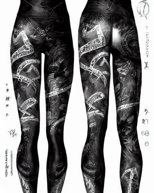 Image similar to Perfect leggings pattern imitating elfish tattooes, focus on the pants and boots with graved runes, close-up on legs, highly detailed, digital painting, artstation, concept art, smooth, sharp focus, illustration, art by Artgerm and Hajime Sorayama