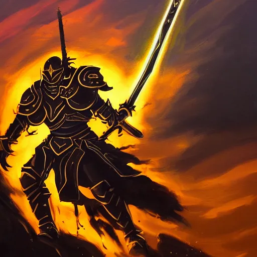 Image similar to A highly detailed matte acrylic painting of a heavily armored paladin wielding a very bright glowing gold sword, fighting in a huge battle at dusk.