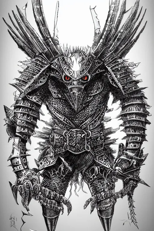 Image similar to armoured warrior crow monster, symmetrical, highly detailed, digital art, raven themed armour, sharp focus, trending on art station, kentaro miura manga art style