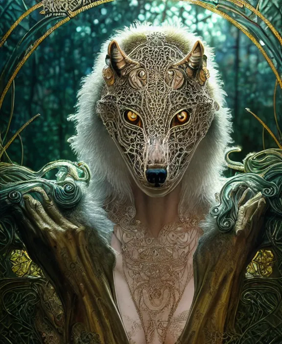 Image similar to exquisite, intricate ornate opulent transparent clear see - through portrait of a terrifying beautiful male alien wolf, mottled coloring, adorable, childlike, overgrown jungle environment, ultra realistic, concept art, art nouveau, photorealistic, octane render, 8 k, unreal engine. art by christopher marley and artgerm and greg rutkowski and alphonse mucha