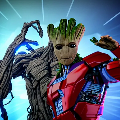 Image similar to groot and optimus prime in techno party among people dancing, wide shoot, after effect ultra realistic 3 d