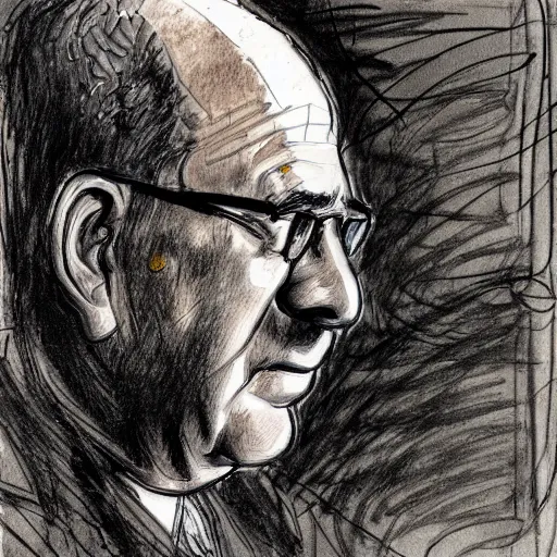 Image similar to a realistic yet scraggly portrait sketch of the side profile of a stern and sophisticated bill dauterive, trending on artstation, intricate details, in the style of frank auerbach, in the style of sergio aragones, in the style of martin ansin, in the style of david aja, in the style of mattias adolfsson