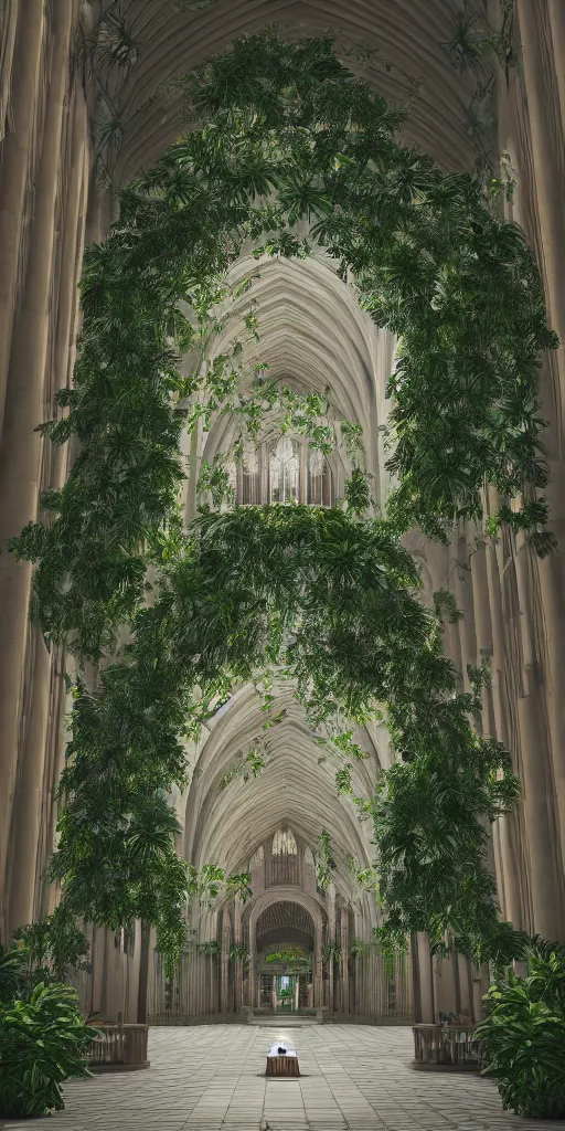 Prompt: grand cathedral interior with koi pond in the middle surrounded by palm trees, ivy, flowers, tropical plants, roses, and with archways, rendered in octane render with photorealistic cinematic volumetric lighting, cinematic, centered, horizontal symmetry