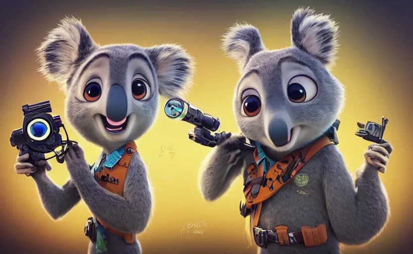 Prompt: “ one cute koala with very big eyes, wearing a bandana and chain, holding a laser gun, standing on a desk, digital art, award winning, in the style of the movie zootopia ”