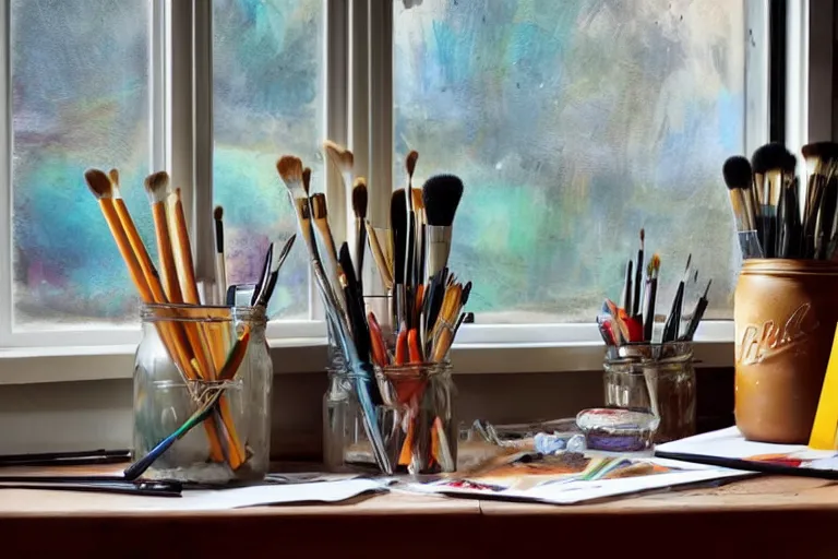 Image similar to artists studio full of art equipment. mason jar full of brushes close view on table easel with paining by window scenic full shot ambient lighting