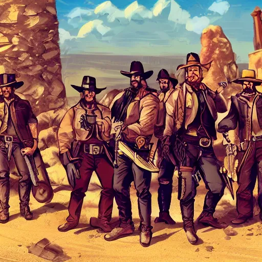 Prompt: a gang of mercenaries in the wild west, posing for a group photo, cool, stylized, colorized, concept art, key visual