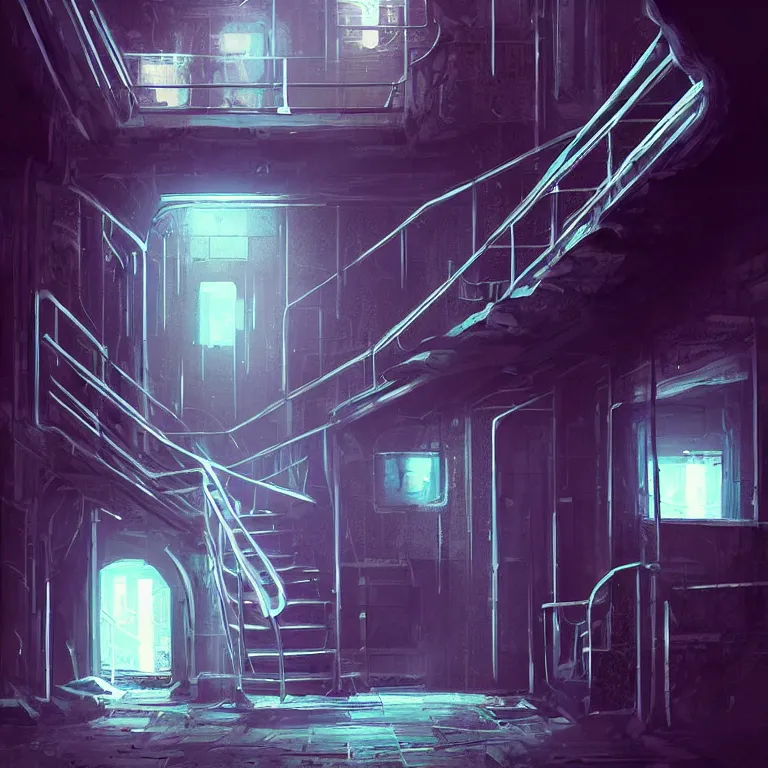 Image similar to down a basement staircase neon lights cyberpunk style digital painting concept art smooth sharp focus hyperrealistic illustration artstati