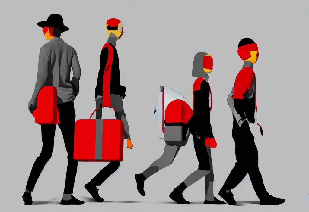 Prompt: full body portrait of a duo of young english tourists travel apparel, various poses walking and carrying luggage, geometric character designs painting, in the style of wes anderson, rene magritte, lola dupre, david hockney, isolated on white background, dark monochrome neon spraypaint accents octane render