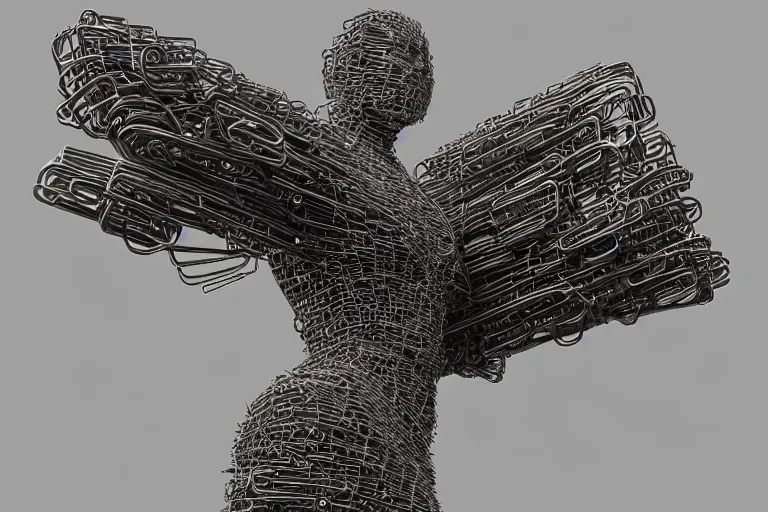 Prompt: an extremely high quality hd, a large metal sculpture of a winged creature, cyberpunk art by peter gric, featured on zbrush central, gothic art, seemingly made of paperclips, apocalypse art, dystopian art, 8 k, ultra realistic, very realistic