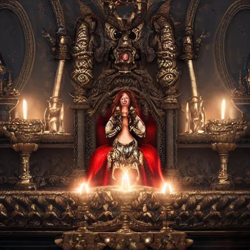 Prompt: woman oracle, incredible detailed, octane render, insanely ornamented with baroque silver decorations, embers, black feathers ornaments, altar, mysterious atmosphere.