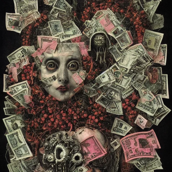 Image similar to post - punk album cover, asymmetrical design, dollar bank notes, capitalism, magic, apocalypse, psychedelic, black white pink, highly detailed, magic, giger h. r., giuseppe arcimboldo