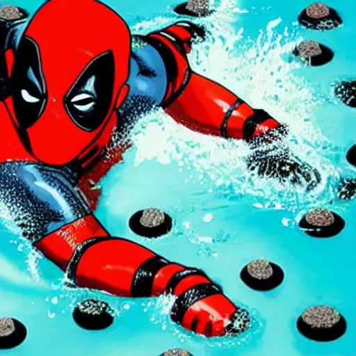 Image similar to Deadpool at home swimming in a bathtub full of fruity pebbles cereal