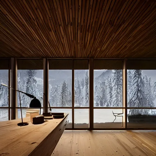 Image similar to winter wooden austere structures inspired by Peter Zumthor