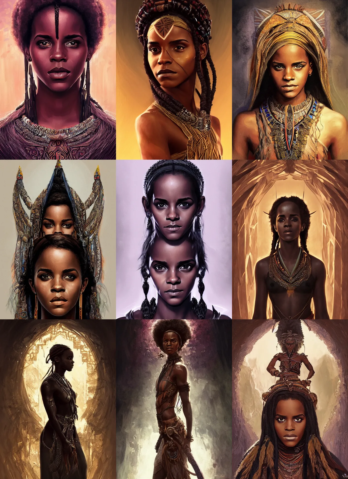 Prompt: black african emma watson as shaman, portrait, symmetric, intricate, highly detailed, digital painting, artstation, concept art, sharp focus, illustration, aleksi briclot, rutkowski, mucha