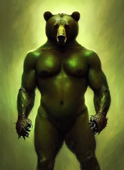 Prompt: portrait of aggressive bear humanoid, d & d, muscular! green, fantasy, intricate, elegant, highly detailed, digital painting, artstation, concept art, smooth, sharp focus, illustration, art by artgerm and greg rutkowski and alphonse mucha