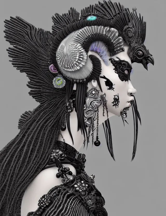 Image similar to 3 d goddess close - up profile portrait punk with mohawk in victorian style with ram skull. beautiful intricately detailed japanese crow kitsune mask and clasical japanese kimono. betta fish, jellyfish phoenix, bio luminescent, plasma, ice, water, wind, creature, artwork by tooth wu and wlop and beeple and greg rutkowski