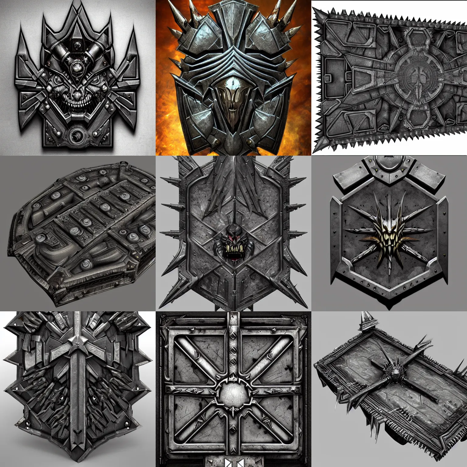 Prompt: warhammer rectangle shield with spikes, in the style of giger, highly detailed, trending on artstation, award winning