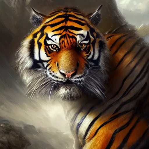 Image similar to a detailed portrait of a tiger with armor, by justin gerard and greg rutkowski, digital art, realistic painting, dnd, character design, trending on artstation