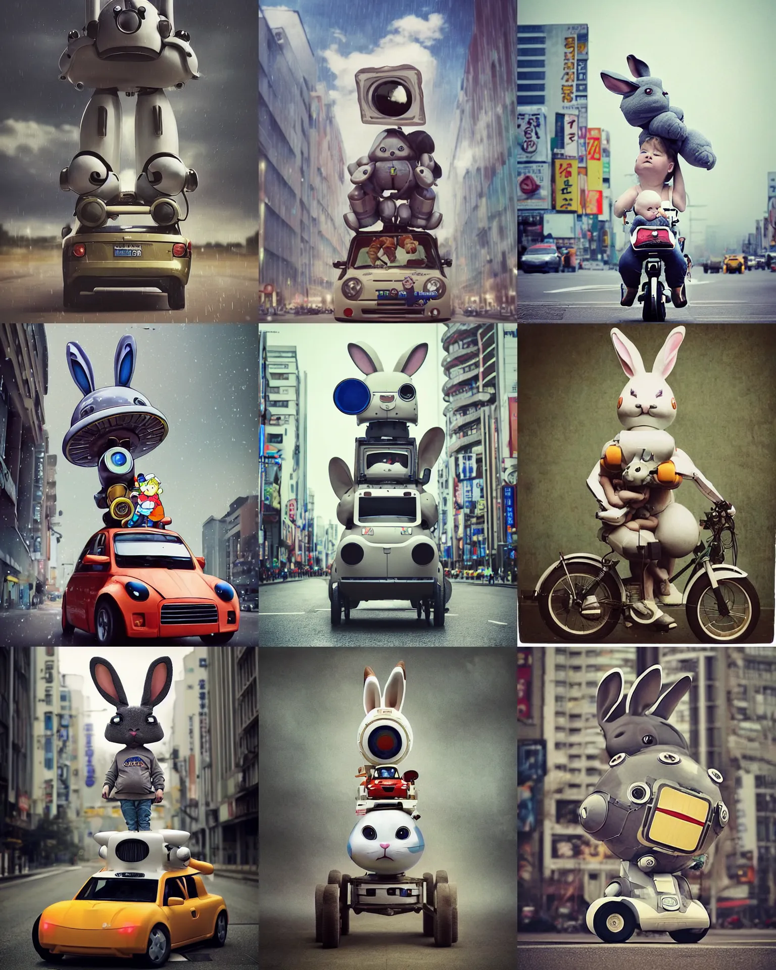 Prompt: epic pose!!! googly eyed giant oversized rocket battle rabbit robot chubby mech baby sport car double decker with giant oversized ears and rabbit babies , in tokio , full body , Cinematic focus, Polaroid photo, vintage , neutral dull colors, soft lights, foggy rain , by oleg oprisco , by national archives, by discovery channel, by victor enrich , by gregory crewdson